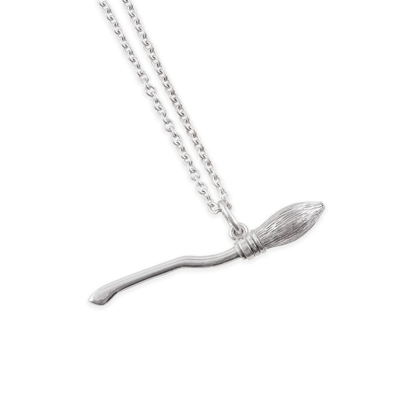 Officially licensed Harry Potter Nimbus 2000 pendant in sterling silver on a white background. Also available in solid 14k and 18k yellow gold and platinum.