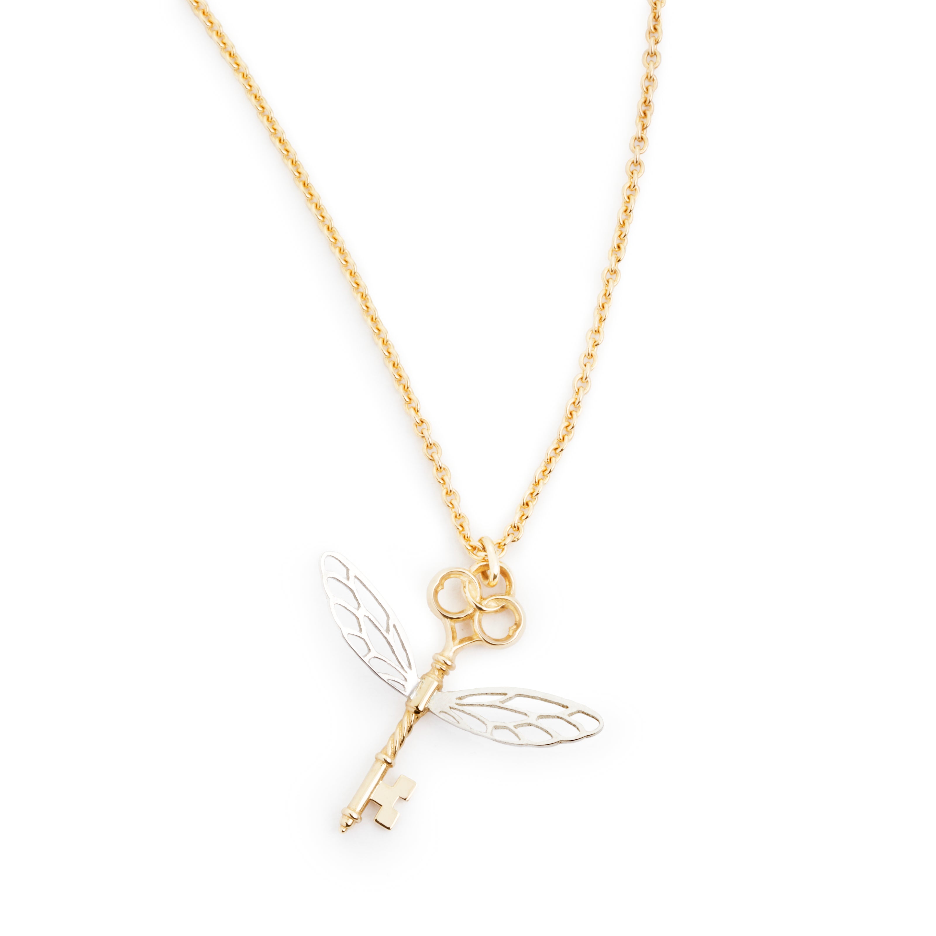 Winged Key Necklace 14K Yellow Gold w/ Platinum