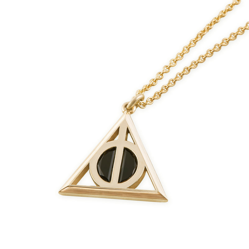 Officially Licensed Harry Potter Deathly Hallows pendant in solid 14k gold on a white background. Also available in sterling silver, 14k white gold, and platinum. 