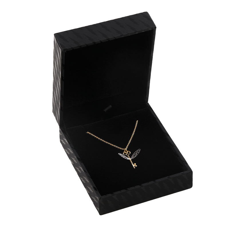 Officially licensed Harry Potter Winged Key pendant in solid 14k yellow gold with silver wings in a black jewelry box on a white background. Also available in sterling silver, 18k yellow gold, and platinum. 