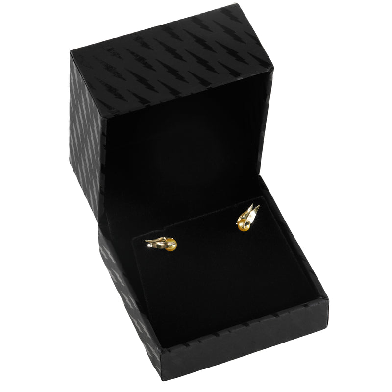 Officially licensed Harry Potter Golden Pearl Snitch Earrings in solid 14k gold in a black earring box on a white background. Also available in solid 18k yellow gold.