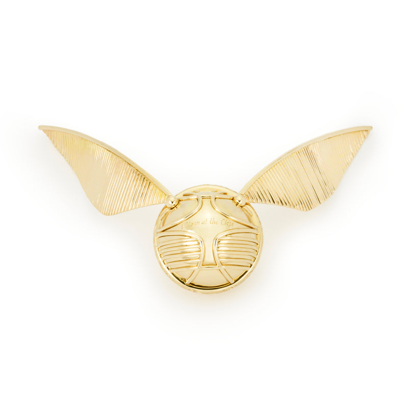 Top view of officially licensed Harry Potter Golden Snitch ring box in solid 14k yellow gold on a white background. Also available in gold plated sterling silver and platinum. 