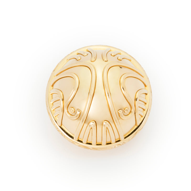 Bottom view of officially licensed Harry Potter Golden Snitch ring box in solid 14k yellow gold without wings on a white background. Also available in gold plated sterling silver and platinum. 