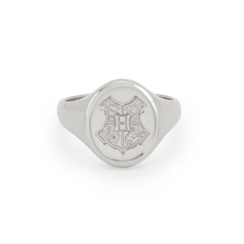 Officially licensed Harry Potter Hogwarts Crest Signet Ring in solid sterling silver on a white background. Also available in 14k yellow or white gold, 18k yellow gold, and platinum.