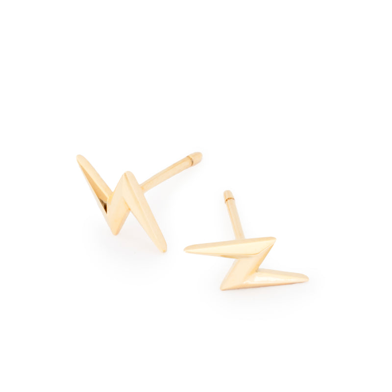  Top view of officially licensed Harry Potter Lightning Bolt Earrings in solid 14k gold on a white background. Also available in sterling silver and 18k yellow gold. 