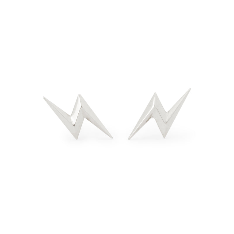 Front view of officially licensed Harry Potter Lightning Bolt Earrings in sterling silver on a white background. Also available in 14k and 18k yellow gold.