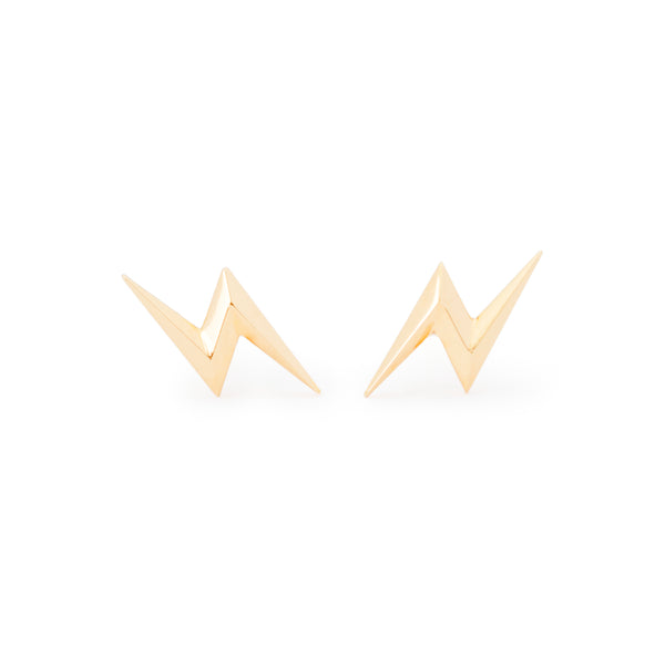 Front view of officially licensed Harry Potter Lightning Bolt Earrings in solid 14k gold on a white background. Also available in sterling silver and 18k yellow gold. 