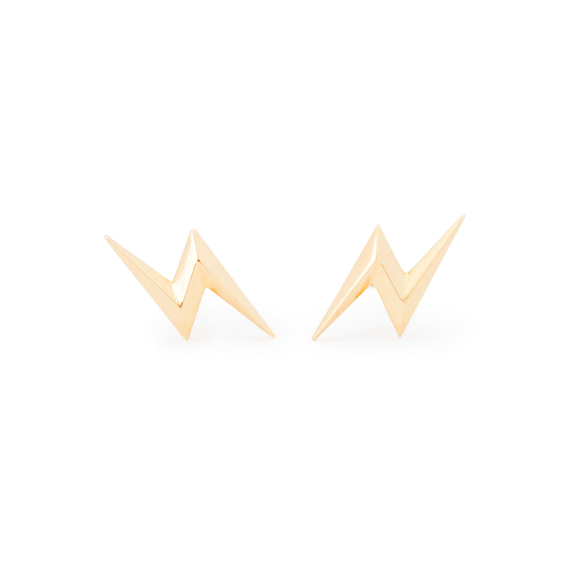 Front view of officially licensed Harry Potter Lightning Bolt Earrings in solid 14k gold on a white background. Also available in sterling silver and 18k yellow gold. 