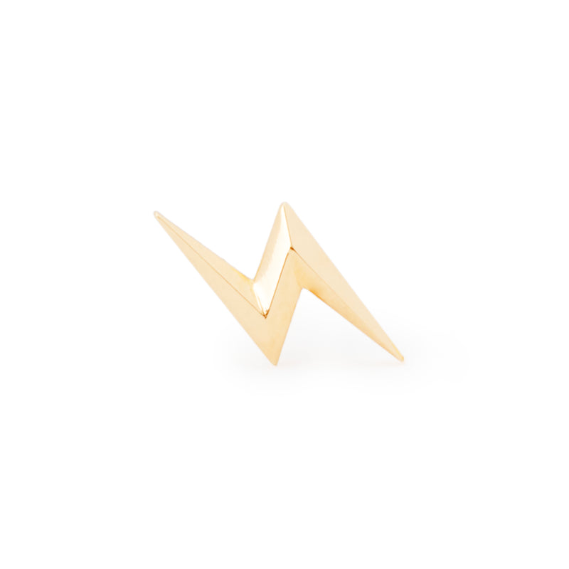 Close view of a single officially licensed Harry Potter Lightning Bolt Earring in solid 14k gold on a white background. Also available in sterling silver and 18k yellow gold. 