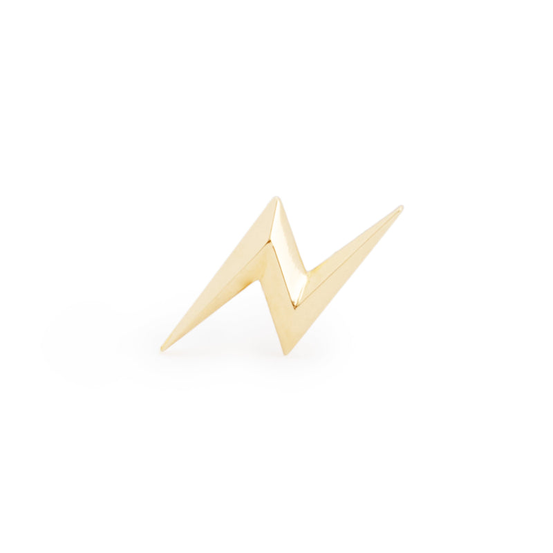 Close view of a single officially licensed Harry Potter Lightning Bolt Earring in solid 14k gold on a white background. Also available in sterling silver and 18k yellow gold.
