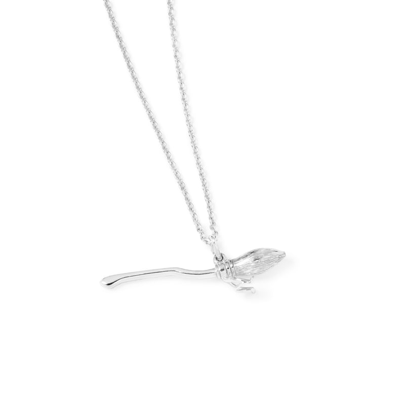 Officially licensed Harry Potter Nimbus 2000 pendant in sterling silver on a white background. Use this as a key to open your Golden Snitch Ring Box. Also available in solid 14k and 18k yellow gold and platinum.
