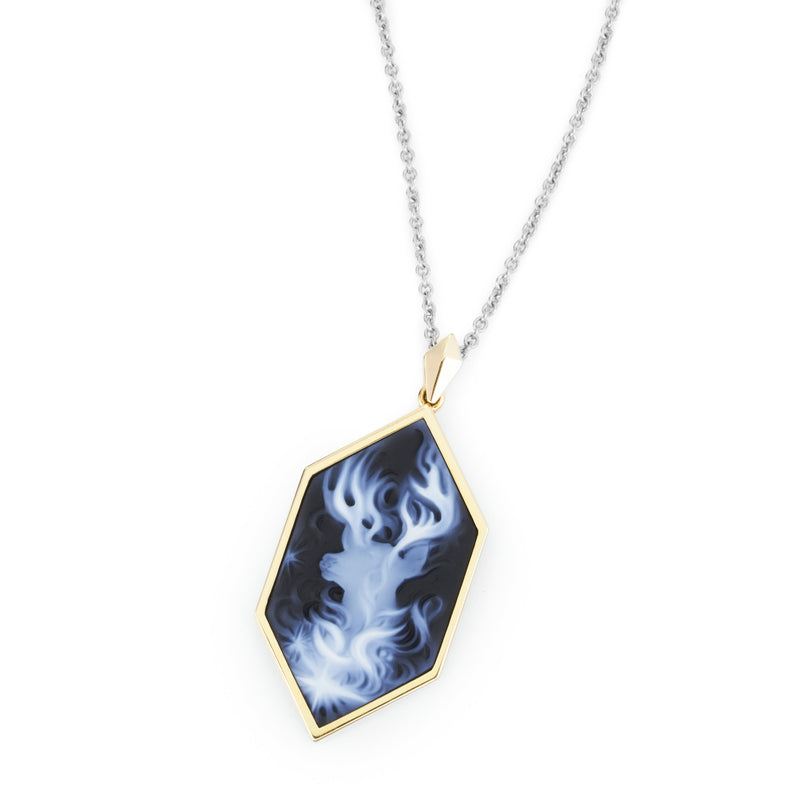 Officially licensed Harry Potter Patronus Cameo Necklace featuring a hand-carved agate set in solid 14k yellow gold on a sterling silver chain on a white background. Also available in sterling silver, 14k white gold, 18k yellow gold, and platinum.