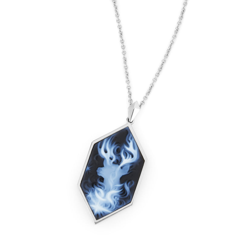 Officially licensed Harry Potter Patronus Cameo Necklace featuring a hand-carved agate set in solid 14k white gold on a white background. Also available in sterling silver, 14k yellow gold, 18k yellow gold, and platinum.