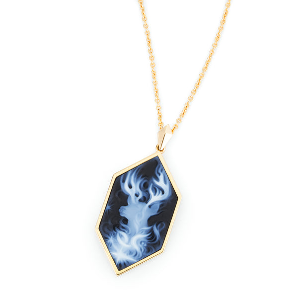Officially licensed Harry Potter Patronus Cameo Necklace featuring a carved agate in solid 14k gold on a white background. Also available in sterling silver, 14k white gold, 18k yellow gold, and platinum.