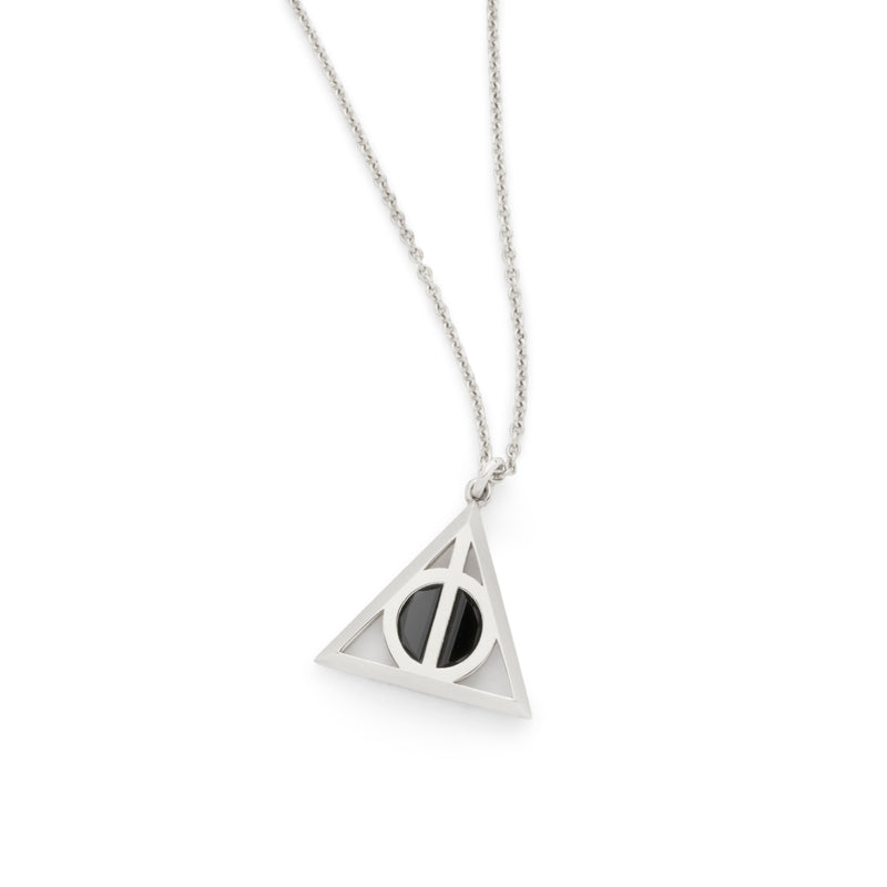 Officially Licensed Harry Potter Deathly Hallows pendant in solid 14k white gold on a white background. Also available in sterling silver, 14k yellow gold, and platinum. 