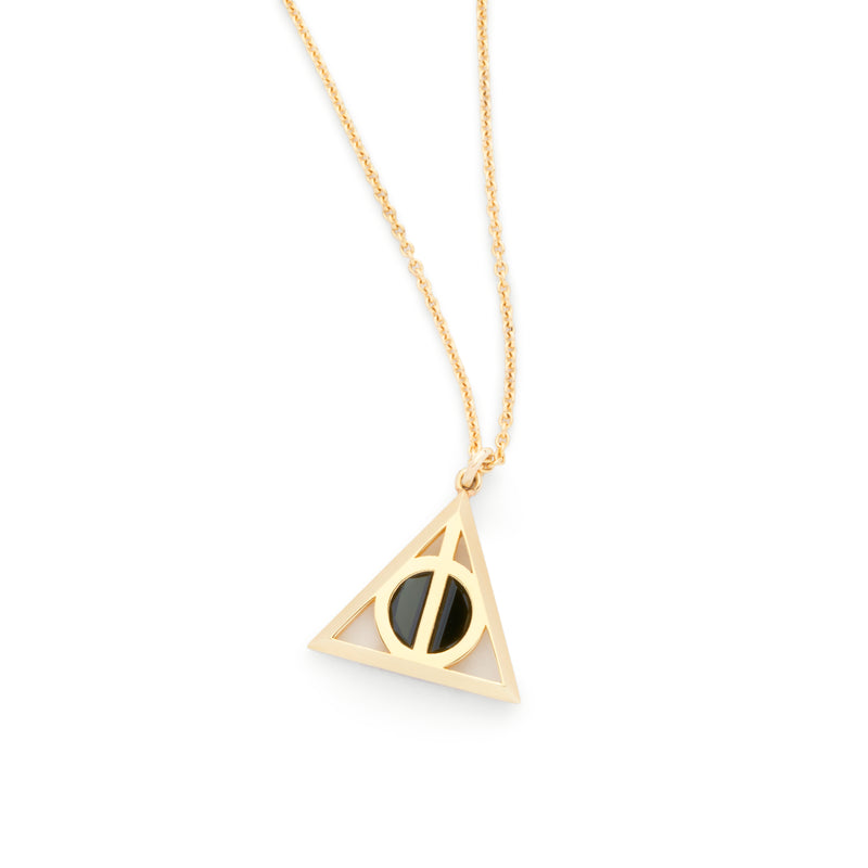 Officially Licensed Harry Potter Deathly Hallows pendant in solid 14k gold on a white background. Also available in sterling silver, 14k white gold, and platinum. 