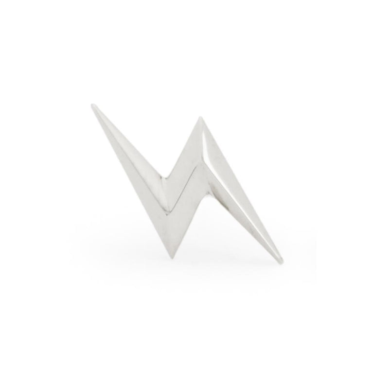 Close view of a single officially licensed Harry Potter Lightning Bolt Earring in sterling silver on a white background. Also available in 14k and 18k yellow gold.