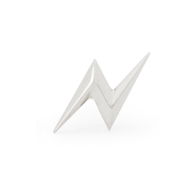 Close view of a single officially licensed Harry Potter Lightning Bolt Earring in sterling silver on a white background. Also available in 14k and 18k yellow gold. 